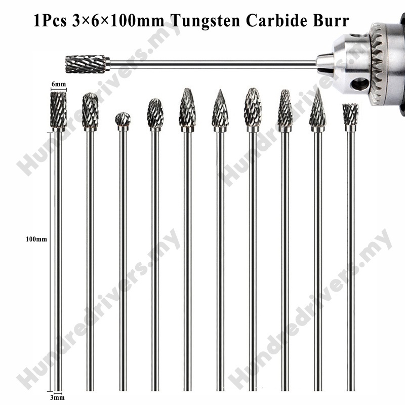 1 cái 3x6x100mm Tungsten cacbua quay Máy cắt phay Burr Dụng cụ quay Mata Porting Tool Mata Korek để khắc Đánh bóng chế biến gỗ Khắc