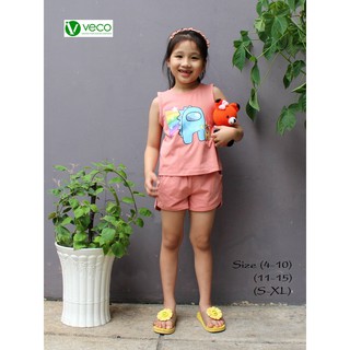 Đồ bộ bé gái Veco tay ngắn mẫu sọt hình Among us 30-40kg vải 100% cotton co giãn 4 chiều