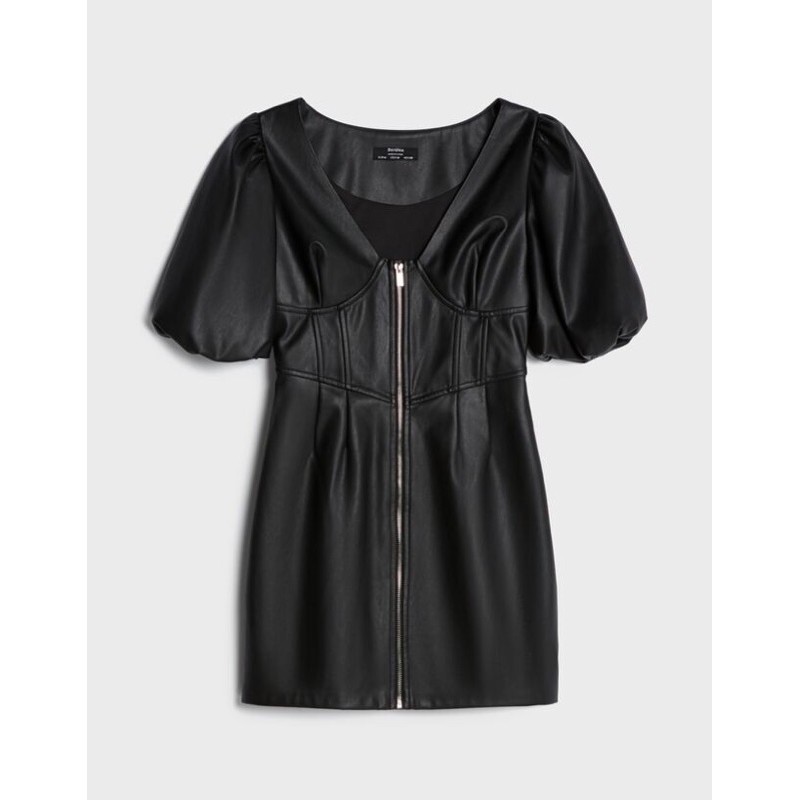 Bershka Đức - Đầm váy sale auth new tag cao cấp chính hãng có sẵn BSK da đen khóa kéo ngắn body tay phồng