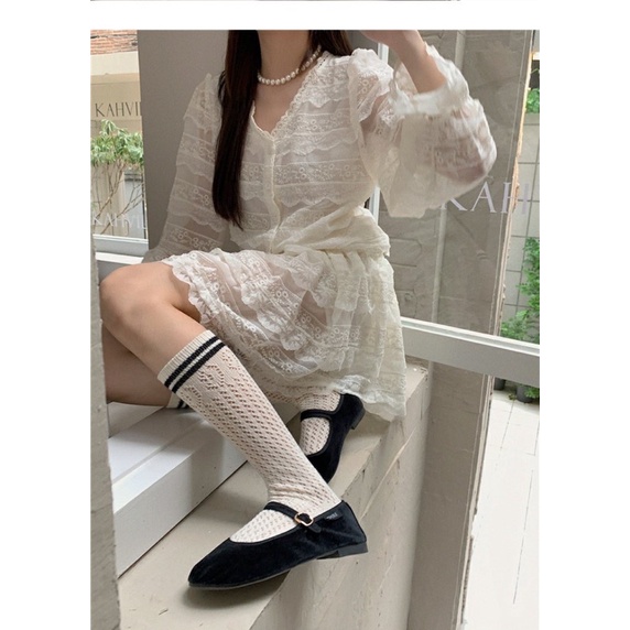 Set áo ren dài tay+váy ren tầng phong cách thanh lịch cổ điển Pháp ulzzang SAM SAM BOUTIQUE