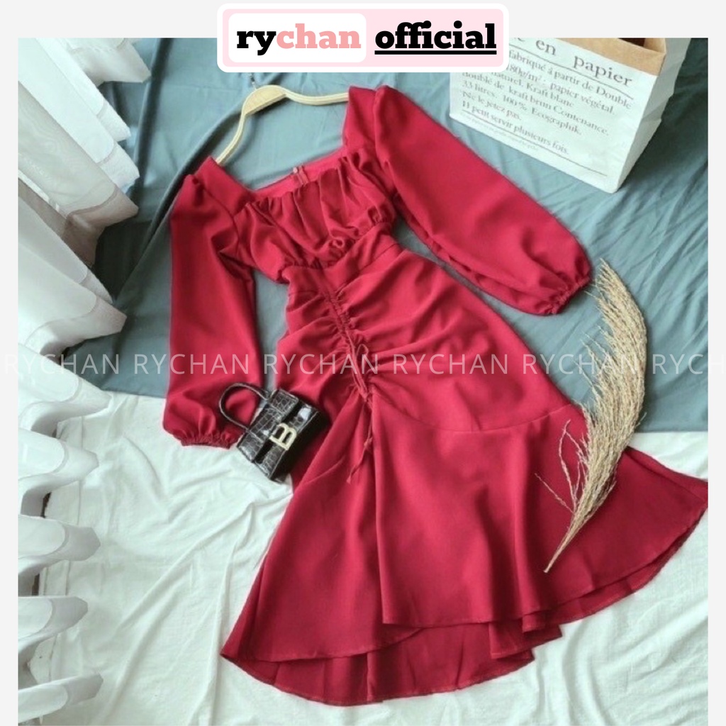 Đầm Thiết Kế Dự Tiệc Cưới Cổ Vuông Nhúng Ngực Tùng Rút Dây Mùa Trắng Kem Đỏ [ẢNH THẬT CUỐI] - DX9788