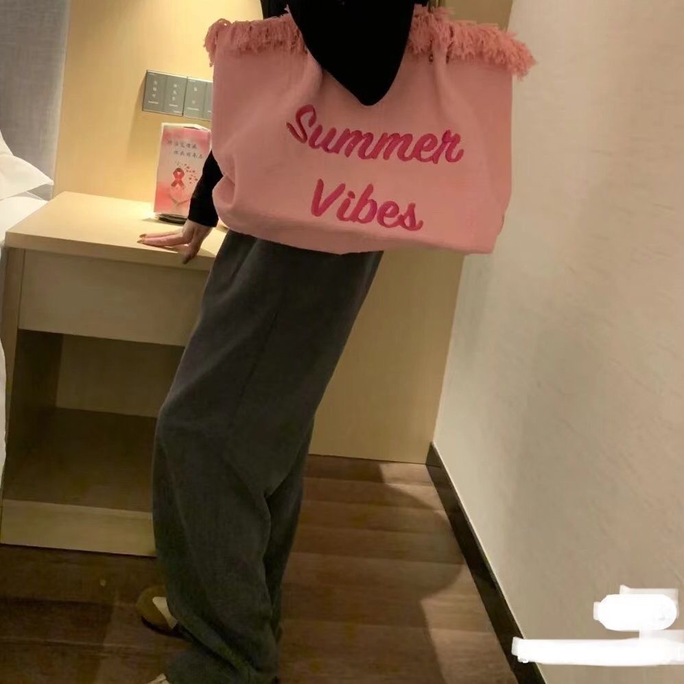 Túi Tote Đeo Vai Vải Canvas Dệt Tay Sức Chứa Lớn Thêu Chữ Phong Cách Mùa Hè Mới Thông Dụng