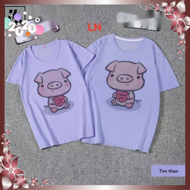[2 Chiếc] Áo Thun Phông Cặp Đôi Nam Nữ Tình Yêu Ngắn Tay Mùa Hè Đi Chơi Biển Vải Cotton In Lợn Yêu Phong Cách Hàn Quốc