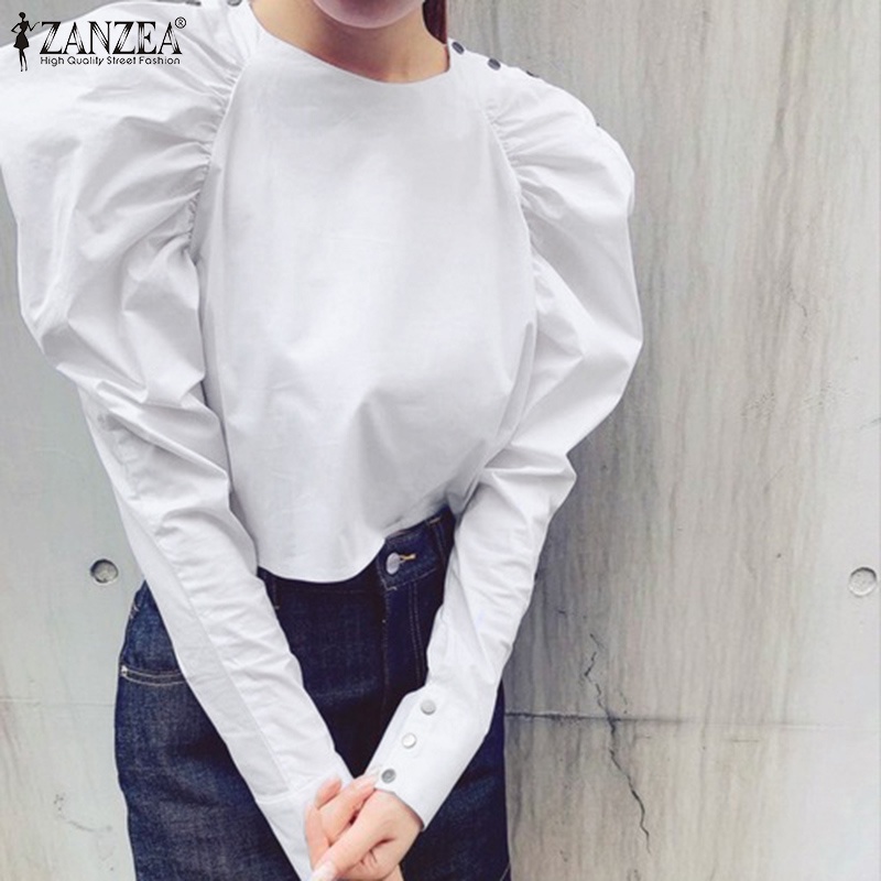 Áo kiểu Zanzea tay phồng dài cổ tròn màu trơn thời trang dành cho nữ