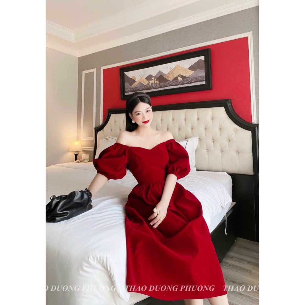 váy đầm nhung cổ V bồng bềnh váy đầm đỏ xòe tiêu thư