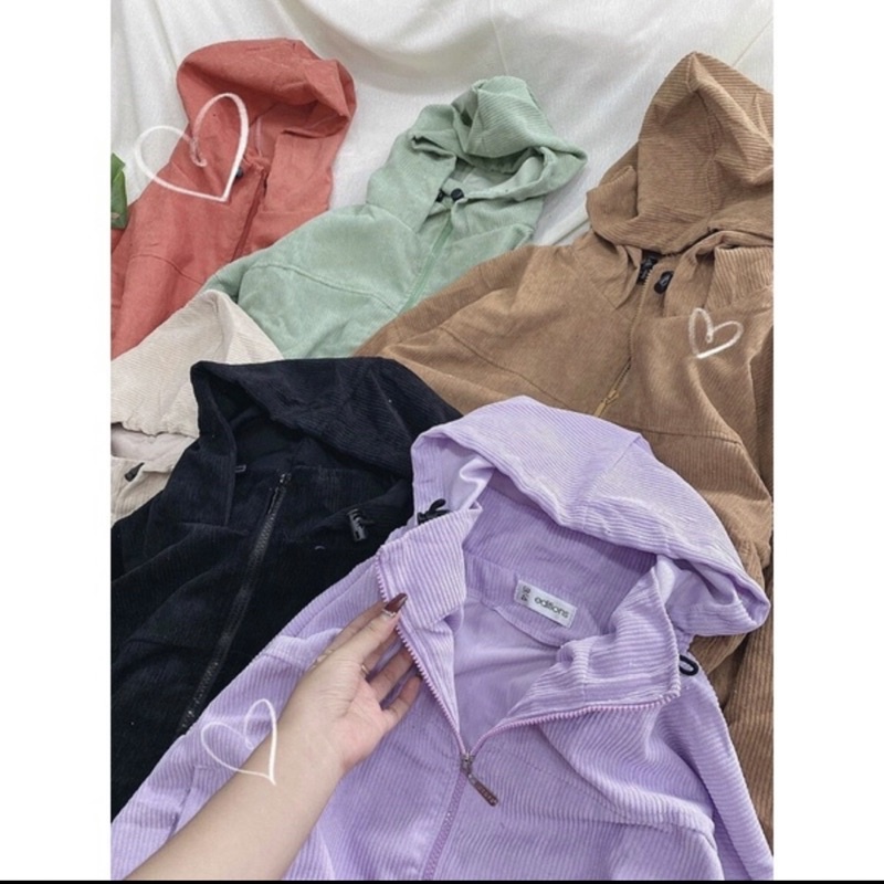 Áo khoác nhung tăm có nón nữ phối túi tay dài form lửng