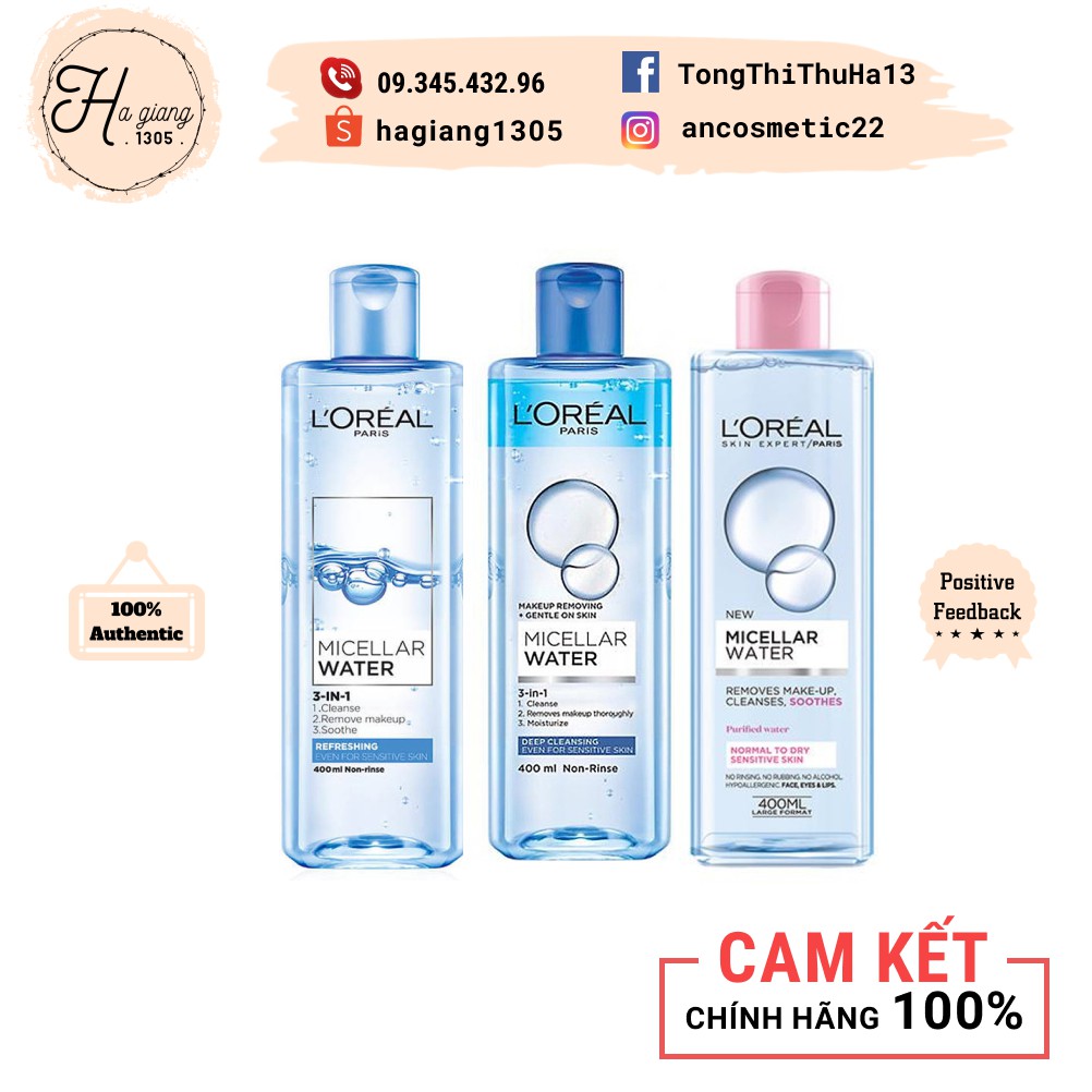 Nước tẩy trang cho mọi loại da L'Oreal Paris 3-in-1 Micellar Water 400ml