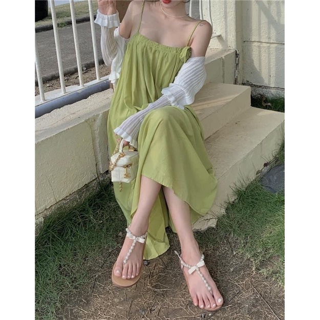 Váy hai dây bo chun xanh sp000105