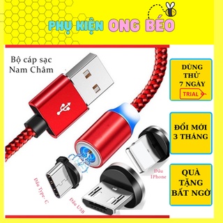 Cáp sạc nam châm bọc dù tự hút, có đèn báo kèm 3 đầu sạc MicroUSB/Type C/ip - phukien_ongbeo
