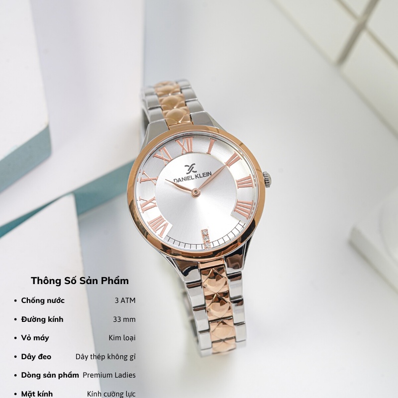 Đồng hồ nữ Daniel Klein Watch DK.1.12558 mặt nhỏ kính cứng chống xước, chống nước, dây thép đeo tay cao cấp chính hãng