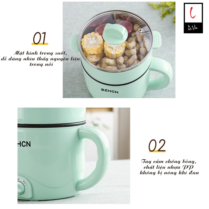 Nồi Điện Mini Đa Năng 2 Tầng Cao Cấp Có Lồng Hấp, Lòng Nồi Chống Dính Mặt Kính Cường Lực Tay Cầm Chống Bỏng Legend