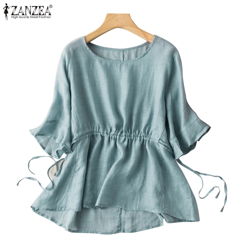 Áo kiểu ZANZEA thiết kế cổ tròn dáng rộng tay lửng phối dây rút thời trang cho nữ