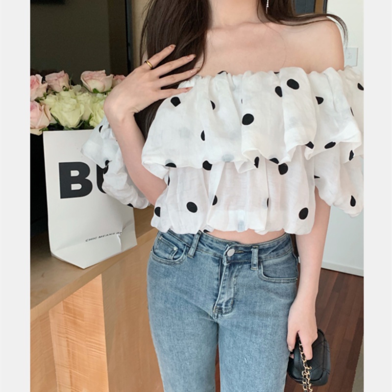 Áo Sơ Mi Tay Ngắn Hở Vai Dáng Rộng Họa Tiết Chấm Bi Thời Trang Mùa Hè Quyến Rũ Cho Nữ