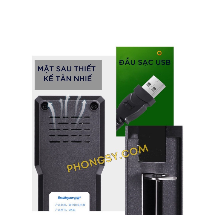 Bộ sạc pin thông minh tự ngắt 1 khe cắm USB cho Li-ion 18650 chính hãng Doublepow
