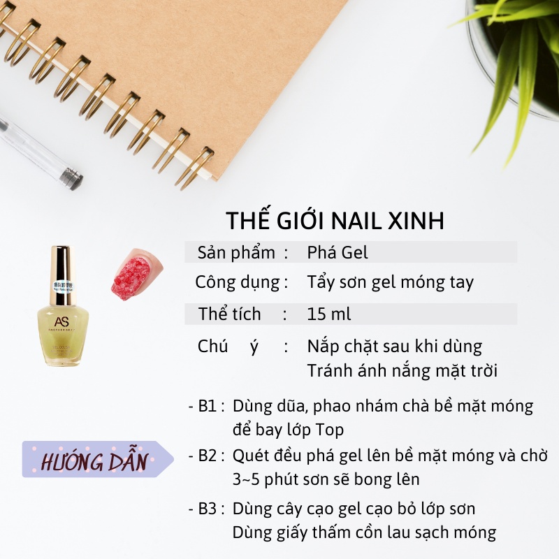 Nước phá sơn gel AS phụ kiện nail giá rẻ hiệu quả nhanh chóng không hại móng tay 15ml