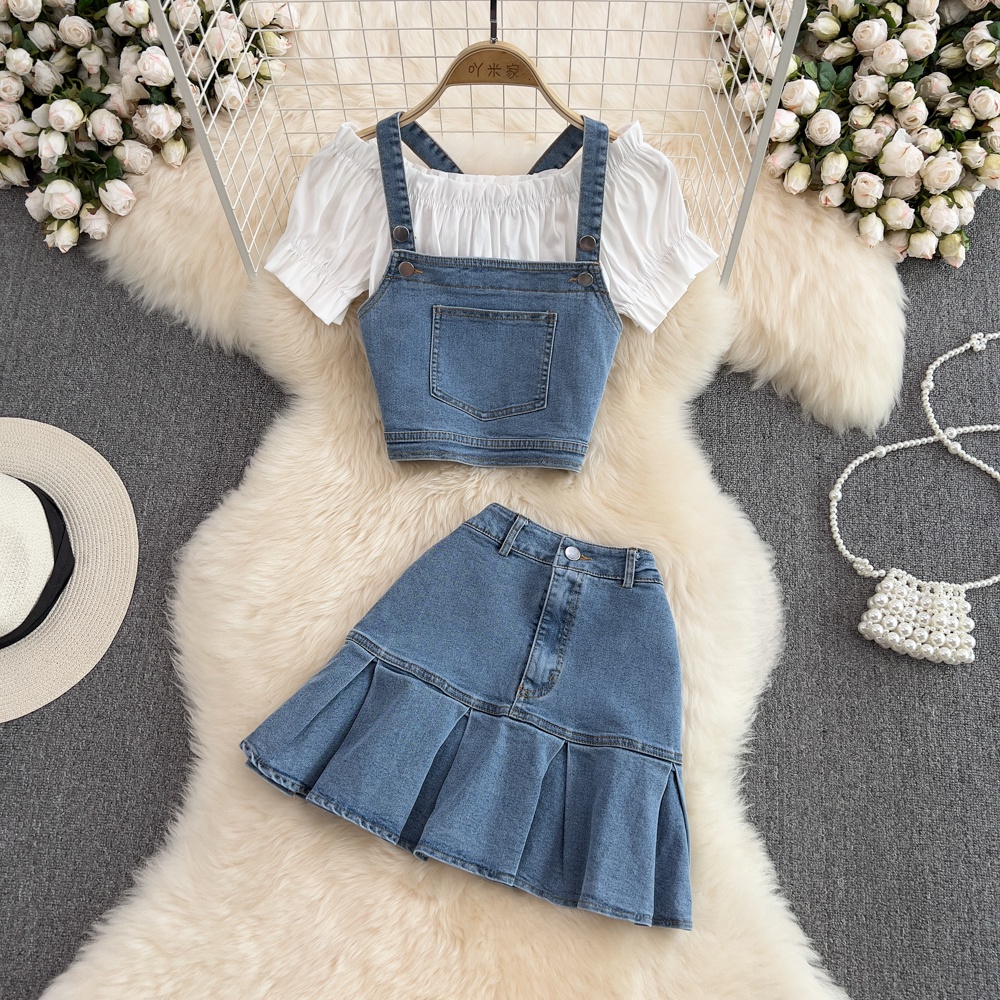 🌸Hàng Order🌸Sét 3 Món Áo Trễ Vai Phối Áo Yếm Jean Kèm Chân Váy Jean Dáng Xòe Trẻ Trung Nữ Tính🌸Hàng Quảng Châu