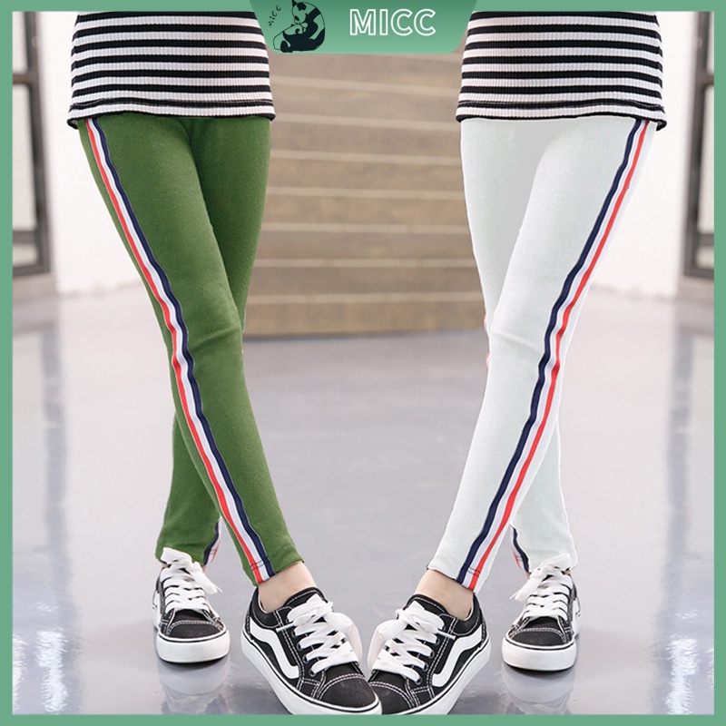 Quần legging cotton màu trơn kẻ sọc thời trang dành cho bé gái 4-16 tuổi