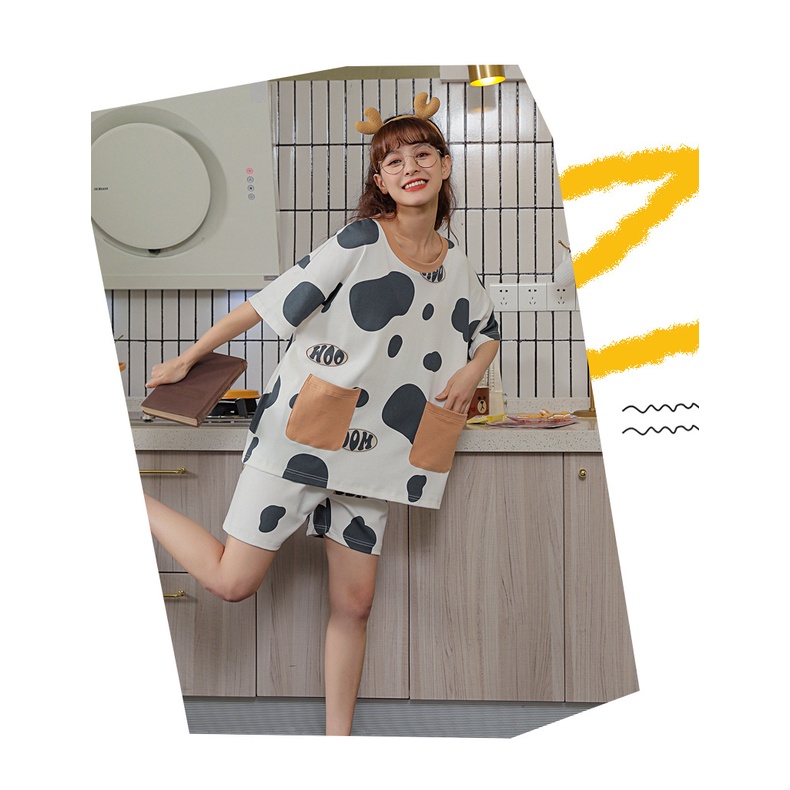 Bộ Mặc Nhà Nữ , Bộ Đồ Ngủ Cổ Tròn Tay Ngắn Chất Cotton Mềm Dễ Thương