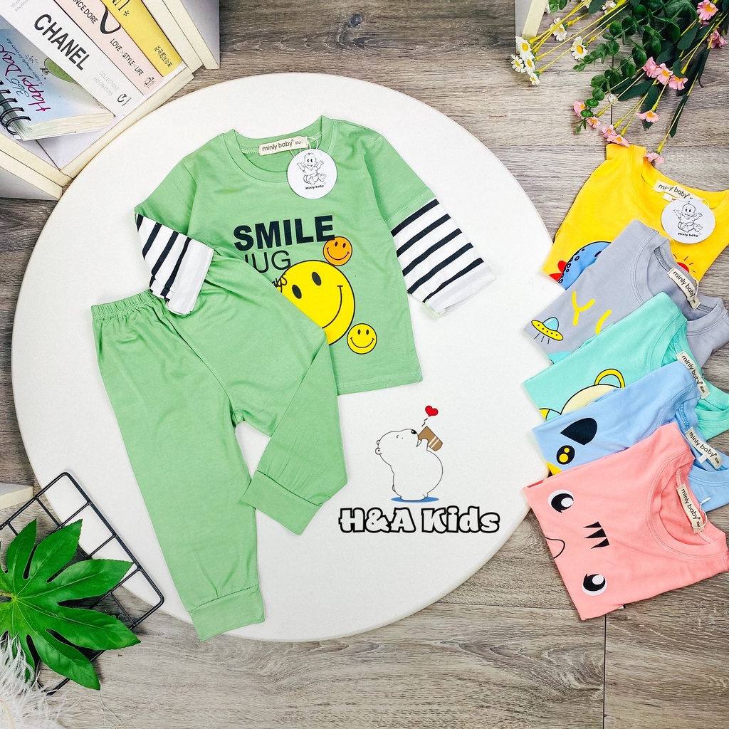 [Bé 20-33kg] Bộ tay dài thun lạnh SIZE ĐẠI Minky mom in hình trước ngực phối tay sọc cho bé trai bé gái từ 20-33kg