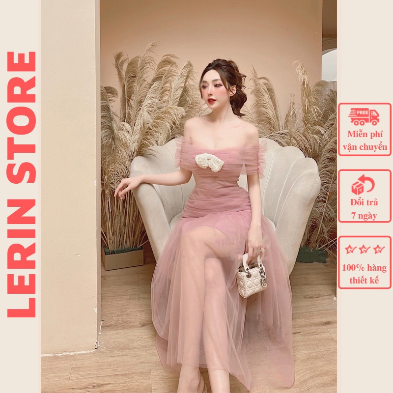 Đầm Dự Tiệc Trễ Vai Váy Ren Bồng Công Chúa Đính Nơ Ngọc Trai_LERIN V200
