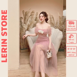 Đầm dự tiệc trễ vai váy ren bồng công chúa đính nơ ngọc trai_lerin v200