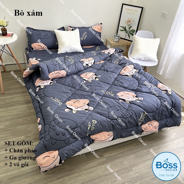 Bộ chăn ga gối Cotton poly Boss Decor, chăn phao siêu nhẹ dày ấm họa tiết drap mền đáng yêu