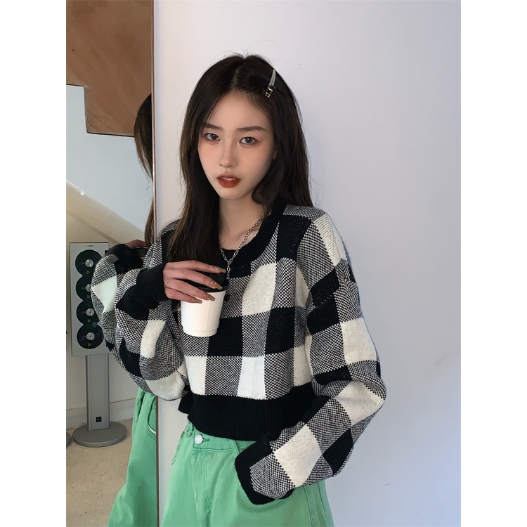 Áo Dệt Kim Cổ Thuyền Ngắn Họa Tiết Kẻ Sọc Màu Tương Phản Thời Trang Hàn Quốc