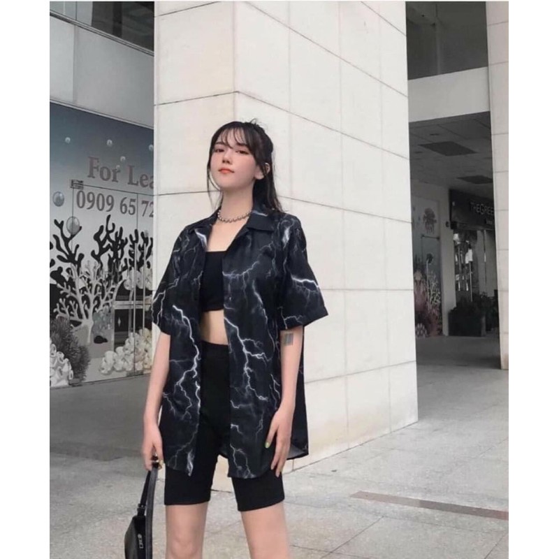 [Mã FAMAYMA2 giảm 10K đơn 50K] Áo Sơ Mi Loang Sấm Sét Chữ Lưng Unisex, Áo Sơ Mi Form Rộng Tay Lỡ 75kg | BigBuy360 - bigbuy360.vn