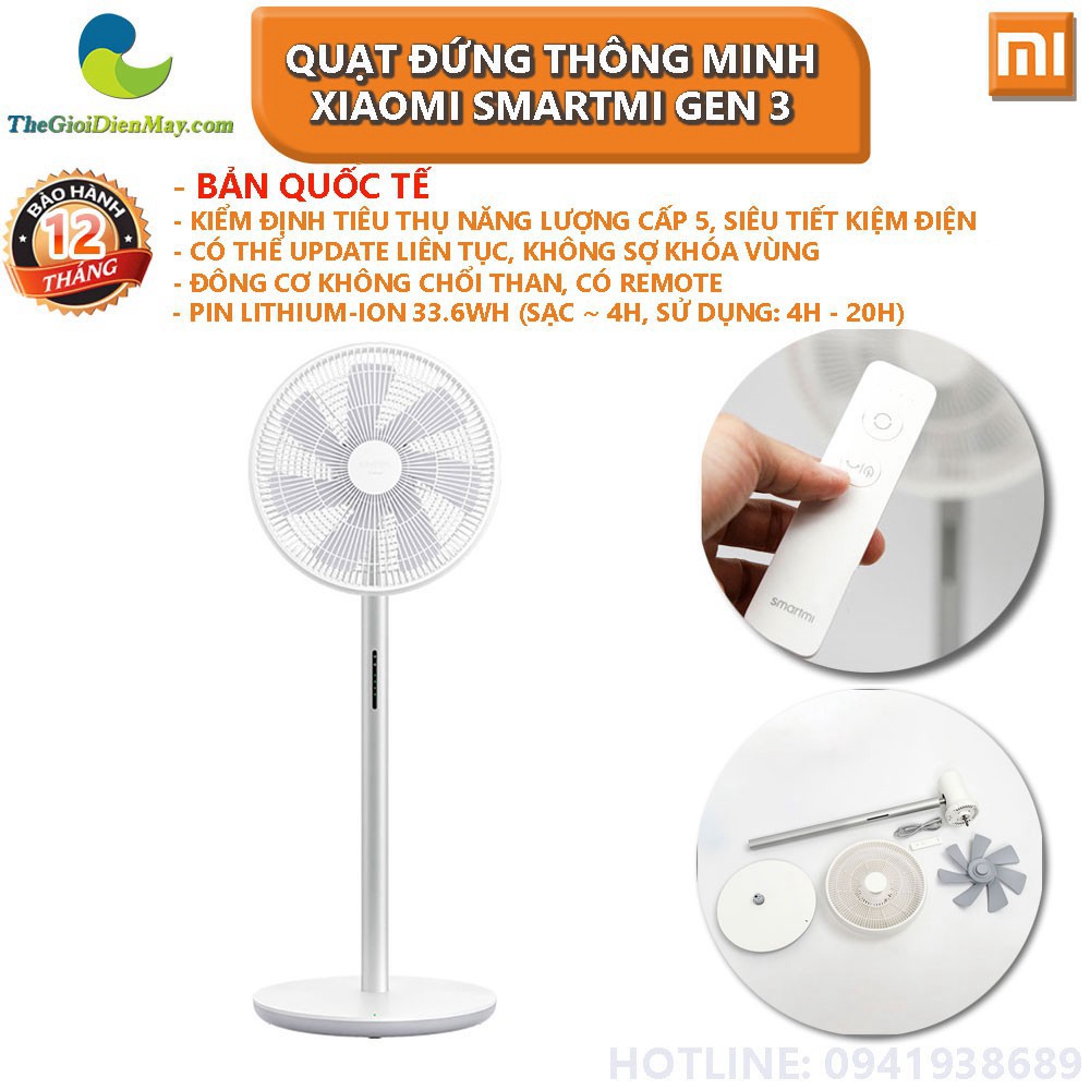 [SIÊU SALL ] [Bản quốc tế] Quạt đứng thông minh XIaomi Smartmi gen 3 có pin, có remote - Bảo hành 12 tháng - Shop Thế Gi