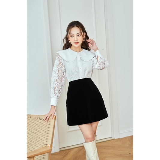 Ceci Cela - Áo Ren Tay Dài Viron Tiểu Thư / Chân Váy Nhung Ngắn Velvet
