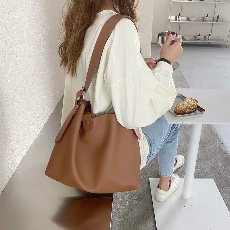 (Có sẵn- Tặng túi nhỏ) Túi tote túi bucket da sần nguyên miếng quai bản to dày chắc chắn phong cách ulzzang Hàn quốc
