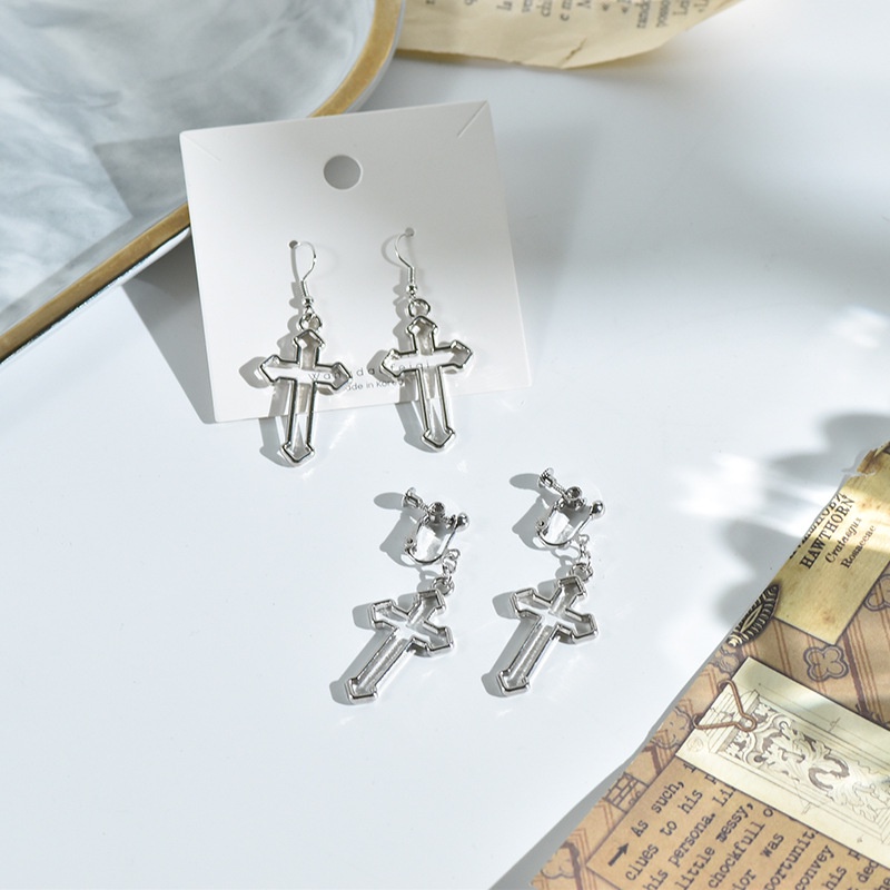 Khuyên tai kẹp không bấm lỗ chốt điều chỉnh K237 bằng hợp kim mạ bạc hình chữ thập dáng midi Leous Accessories