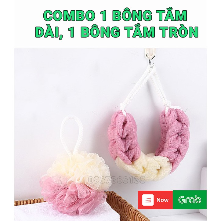 Combo 1 bông tắm lưới dài, 1 bông tắm lưới tròn tạo bọt siêu mềm mịn