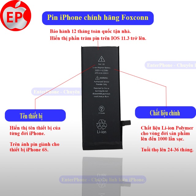 [Mã 2404EL10K giảm 10K đơn 20K] Pin iPhone 6 6S Foxconn chất lượng như zin 9.5/10