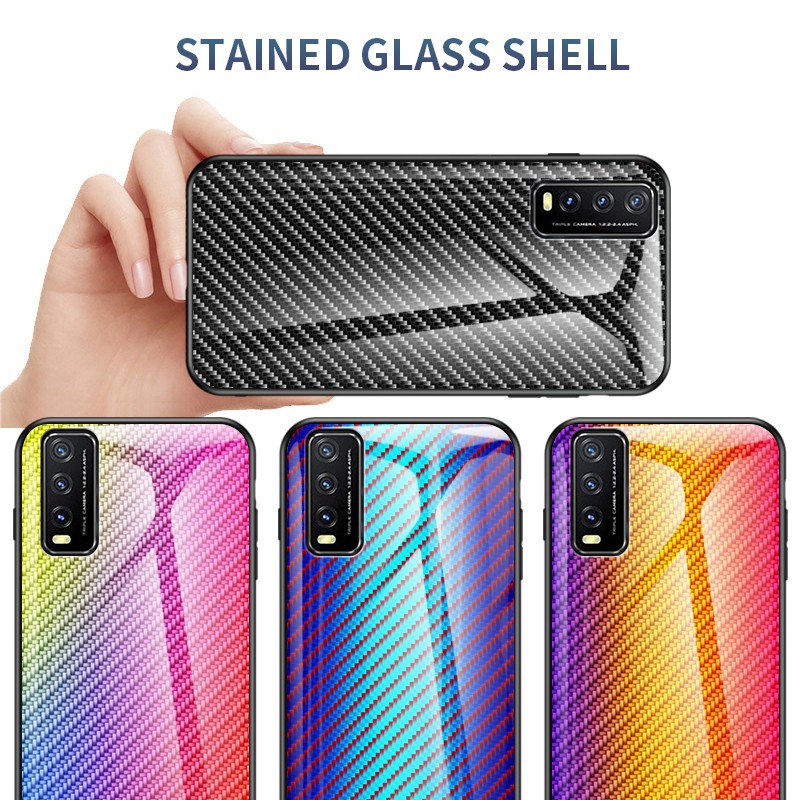 Vỏ Vivo Y20 Y20i Vỏ cứng Gradient sợi carbon kết cấu Vỏ kính cường lực Vỏ điện thoại di động