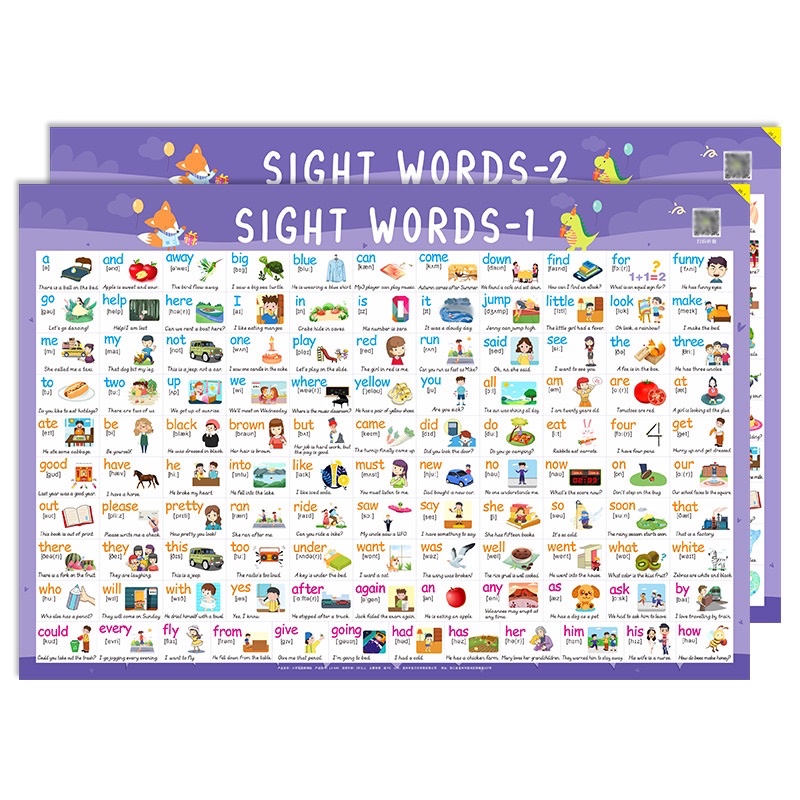 Poster dán tường combo 2 tờ 220 từ tiếng anh thông dụng cho bé, bảng từ Sight Word kích thước lớn 77x52cm