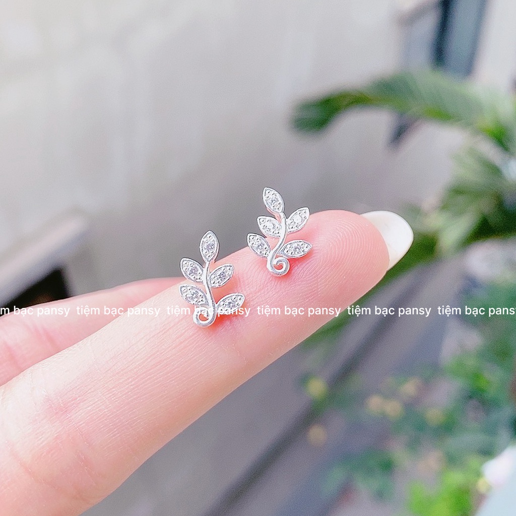 Bông tai bạc nữ PANSY hình lá oliu nạm đá, khuyên tai bạc ta 925 đẹp nữ tính