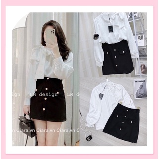 Set đồ nữ áo trắng thắt nơ mix chân váy đen, set nữ áo lụa siêu sang chảnh