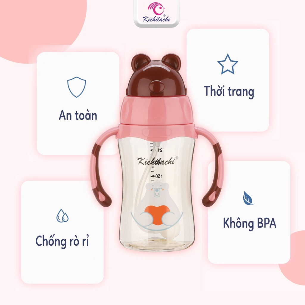 Bình tập uống nước Tritan 2in1 240ml chống sặc hình gấu Kichilachi cho bé [Tặng cọ ống hút]