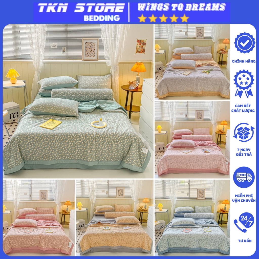 Bộ chăn ga gối Cotton Đũi 5 món phong cách Hàn Quốc mẫu mới 2023,Ga giường vỏ gối chăn hè chất đũi thoáng mát không xù