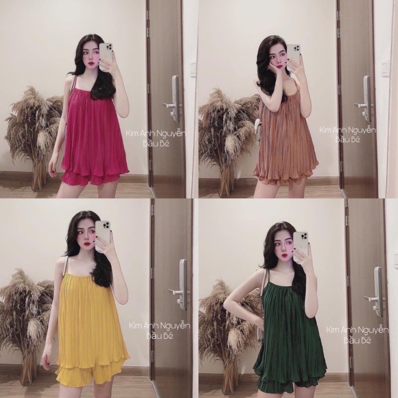 Bán sỉ Bộ áo 2 dây xếp li quần đùi 4 màu cho nữ