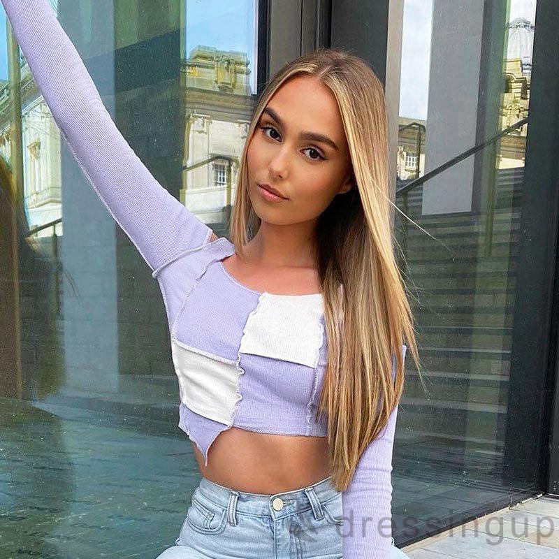 Đầm Tay Dài Hở Vai Màu Tương Phản Thời Trang Cho Nữ