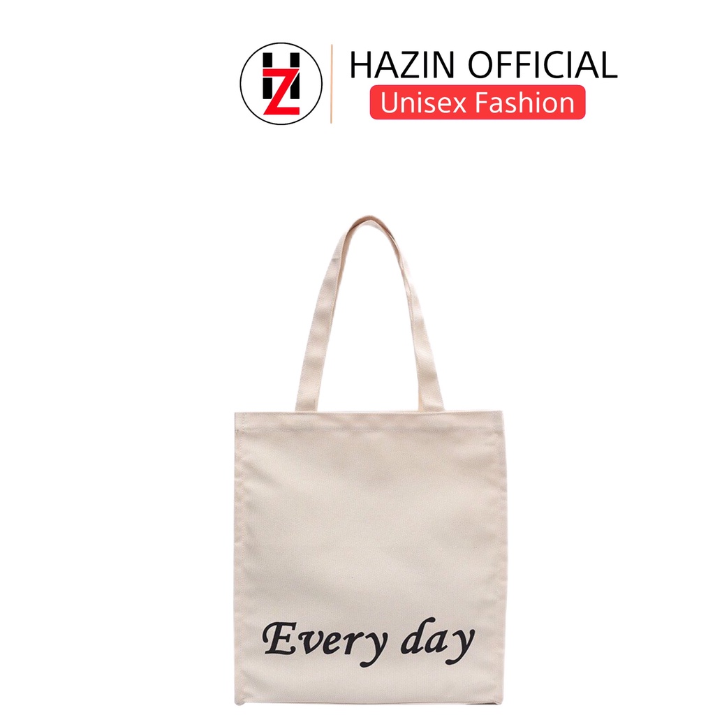 Túi tote HAZIN vải canvas ulzzang unisex in chữ Every có cúc bấm miệng ngăn phụ đi học đi chơi đựng vừa khổ a4