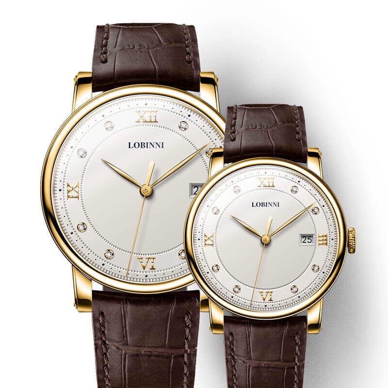 Đồng hồ đôi chính hãng LOBINNI L3012-22 Kính sapphire,chống xước,Chống nước 30m, BH 24 tháng,Máy pin (Quartz),dây da xịn