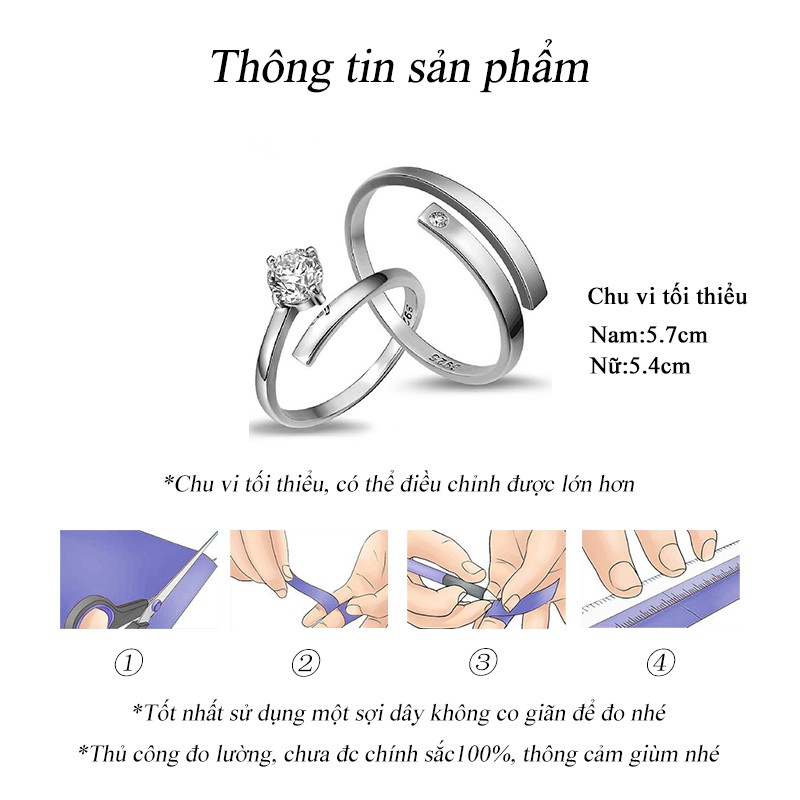 Nhẫn đôi Đơn giản Mạ Bạc Đính Đá Cặp đôi Cầu hôn Quà Valentine Không phai màu NH-013
