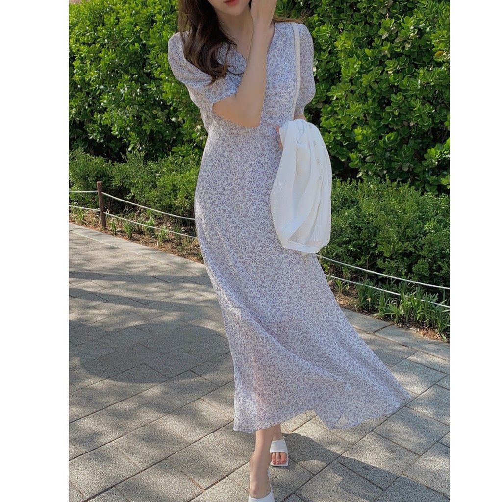 Đầm Voan Hoa Cổ Chữ V Xinh Xắn Theo Phong Cách Hàn Quốc 43033