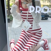 Đầm dệt kim ZHELIHANGFEI dáng dài xẻ tà họa tiết kẻ sọc phong cách thời trang quyến rũ cho nữ