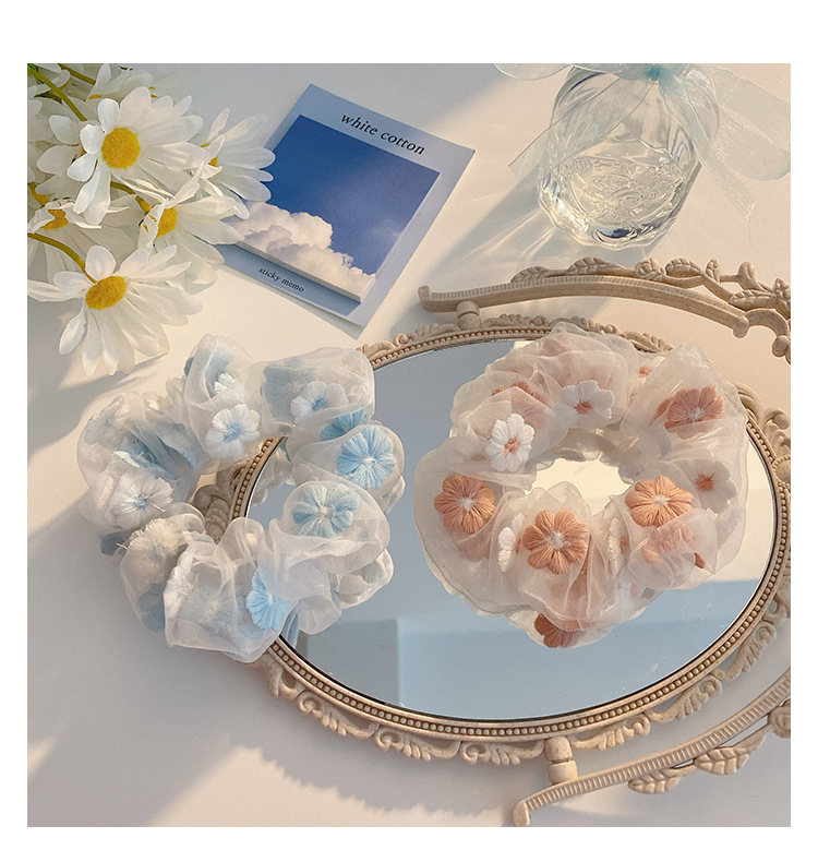 Dây buộc tóc vải organza thêu hoa màu hồng/xanh dương ngọt ngào lãng mạn