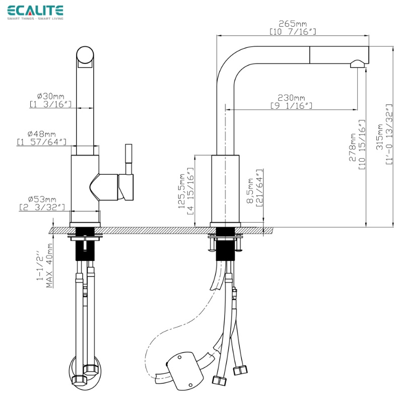 Vòi Rửa Chén Nóng Lạnh Dây Rút Pull-down Ecalite EF-K185S - Màu Inox
