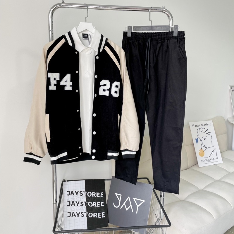 Áo Khoác Bomber F428 nhung gân 2 lớp màu ĐEN/XANH/NÂU/HỒNG✨chữ thêu tay phối 🧸 Jaystoree